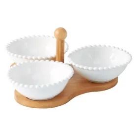 3 Serving Bowls With Bamboo Holder