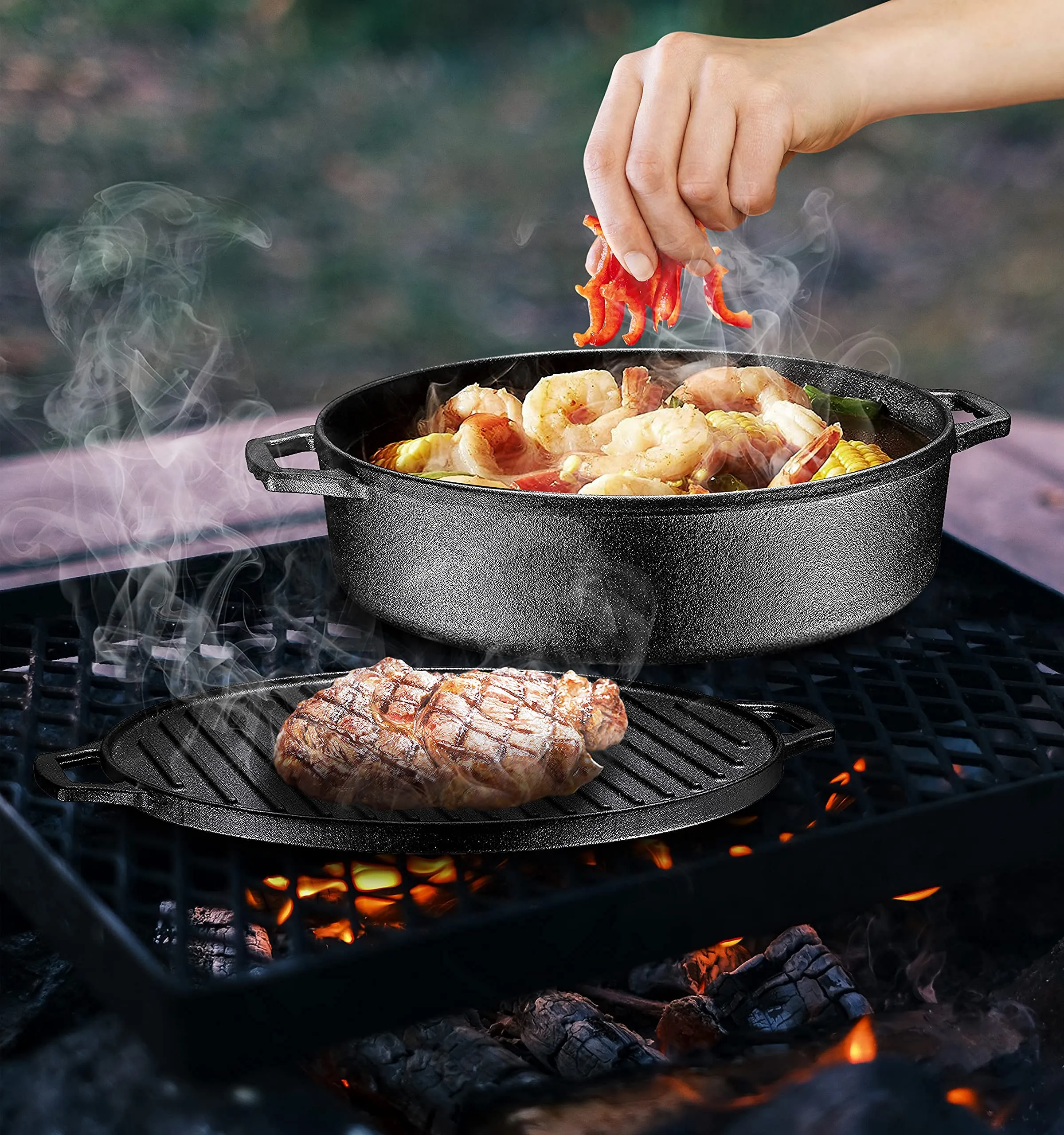 3In1 Pre-Seasoned Cast Iron Round Deep Roasting Pan With Reversible Grill Griddle Lid