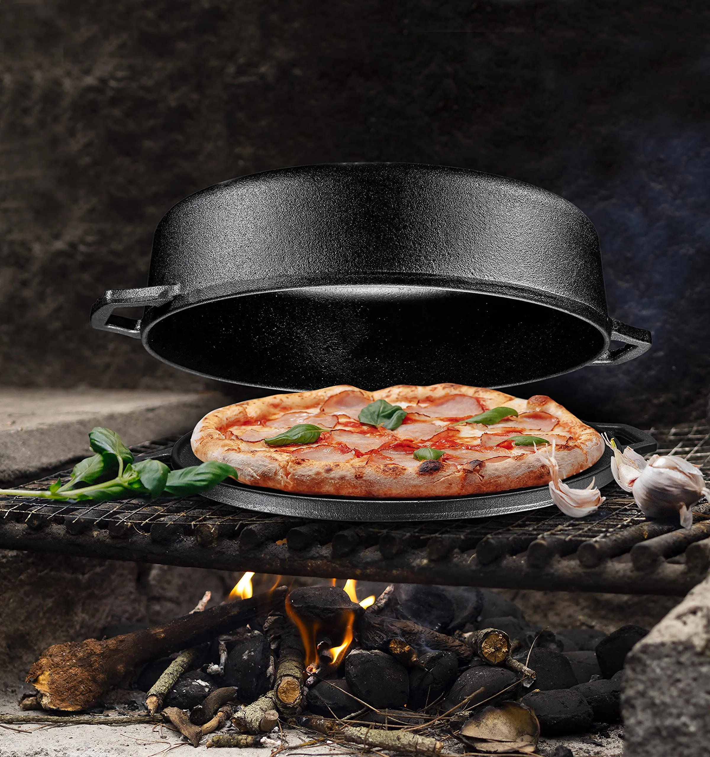 3In1 Pre-Seasoned Cast Iron Round Deep Roasting Pan With Reversible Grill Griddle Lid