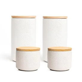 Anko 300 & 600ml Stoneware Ceramic Jars for Kitchen Storage | Airtight Container Set for Kitchen with Rubberwood Lid & Silicone Ring | Kitchen Container for Snacks, Tea, Sugar | White | Set of 4