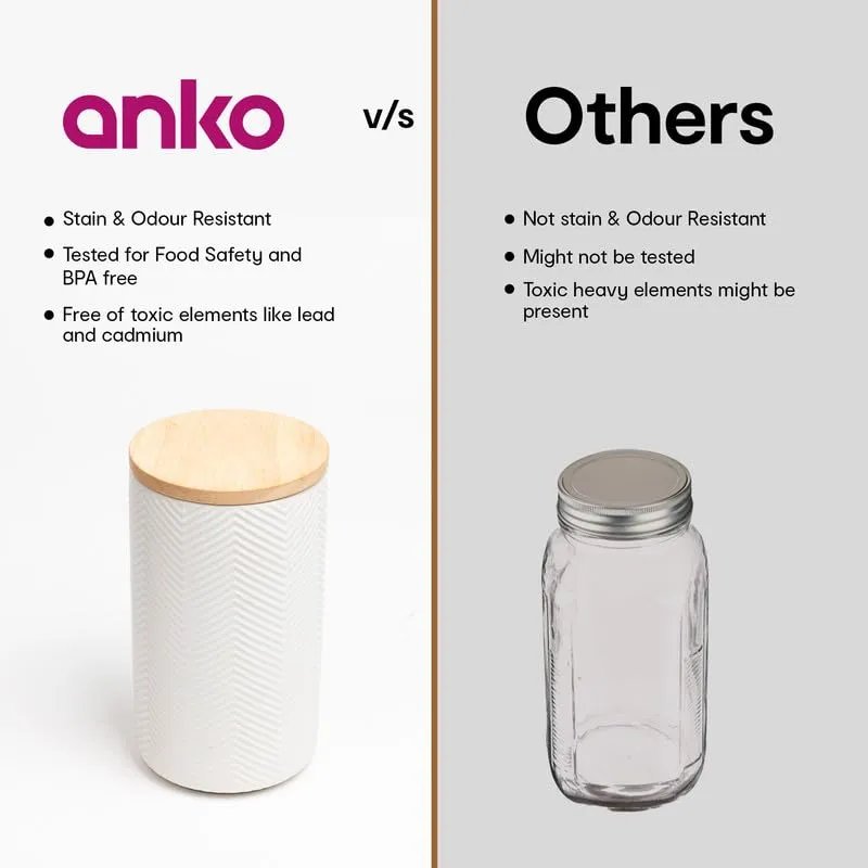 Anko 300 & 600ml Stoneware Ceramic Jars for Kitchen Storage | Airtight Container Set for Kitchen with Rubberwood Lid & Silicone Ring | Kitchen Container for Snacks, Tea, Sugar | White | Set of 4