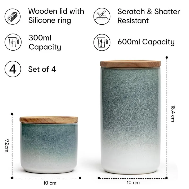 Anko 300ml & 1L Stoneware Ceramic Jars for Kitchen Storage | Airtight Container Set for Kitchen with Rubberwood Lid & Silicone Ring | Kitchen Container for Snacks, Tea, Sugar | Grey | Set of 4