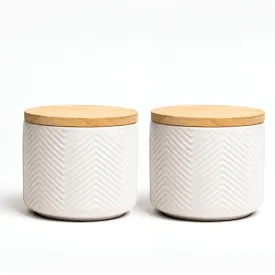 Anko 300ml Stoneware Ceramic Jars for Kitchen Storage | Airtight Container Set for Kitchen with Rubberwood Lid & Silicone Ring | Kitchen Container for Snacks, Tea, Sugar | White | Set of 2