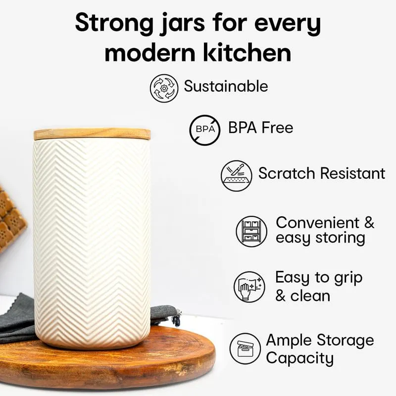 Anko 600ml Stoneware Ceramic Jars for Kitchen Storage | Airtight Container Set for Kitchen with Rubberwood Lid & Silicone Ring | Kitchen Container for Snacks, Tea, Sugar | White | Set of 4