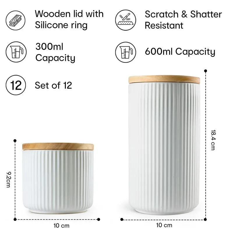 Anko Ribbed Kitchen Canister Container-Pack of 12|6 Large (800mL) & 6 Small (400mL)|Airtight Reusable Storage Box with wood Lid |Scratch Resistant Multipurpose Organizer Jar, White