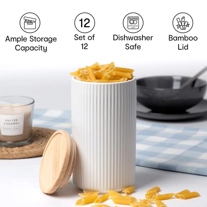 Anko Ribbed Kitchen Canister Container-Pack of 12|6 Large (800mL) & 6 Small (400mL)|Airtight Reusable Storage Box with wood Lid |Scratch Resistant Multipurpose Organizer Jar, White