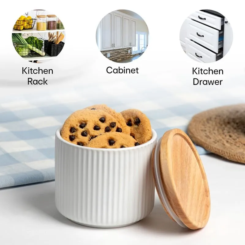 Anko Ribbed Kitchen Canister Container-Pack of 12|6 Large (800mL) & 6 Small (400mL)|Airtight Reusable Storage Box with wood Lid |Scratch Resistant Multipurpose Organizer Jar, White