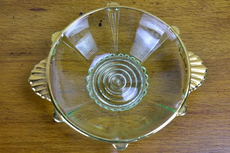 Art Deco Fruit salad serving bowl with eight dishes - green and gold glass