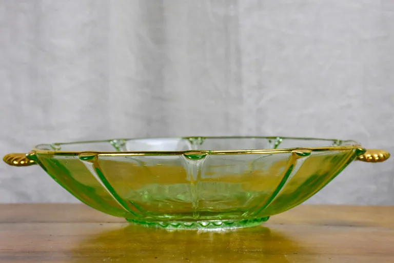 Art Deco Fruit salad serving bowl with eight dishes - green and gold glass