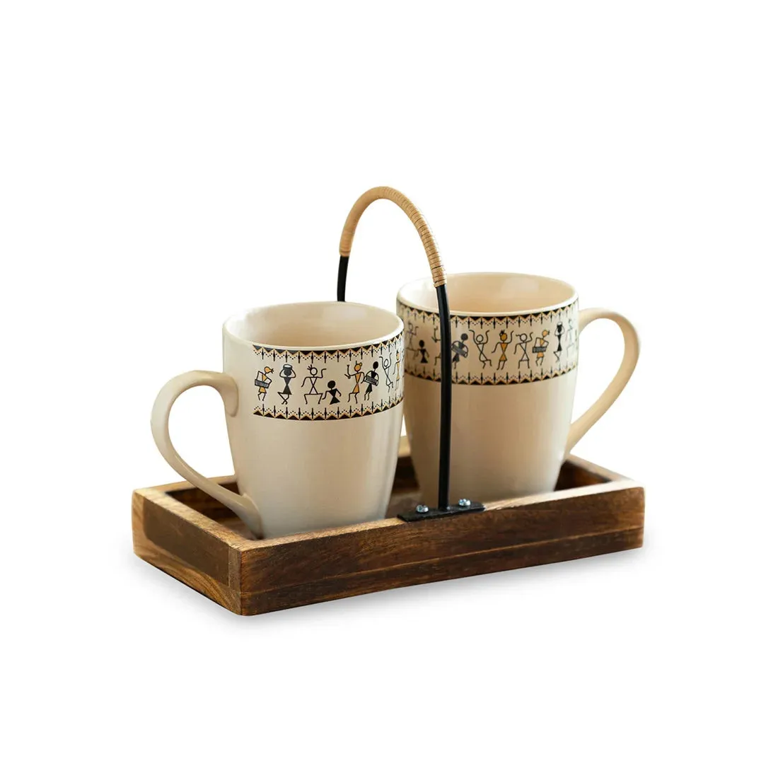 'Art of Warli' Ceramic Tea & Coffee Mugs With Wooden Tray (Set of 2, 300 ml, Handcrafted)