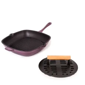 BergHOFF Neo 2pc Cast Iron 11" Grill Pan with Slotted Steak Press, Purple