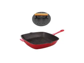 BergHOFF Neo 2pc Cast Iron 11" Grill Pan with Slotted Steak Press, Red