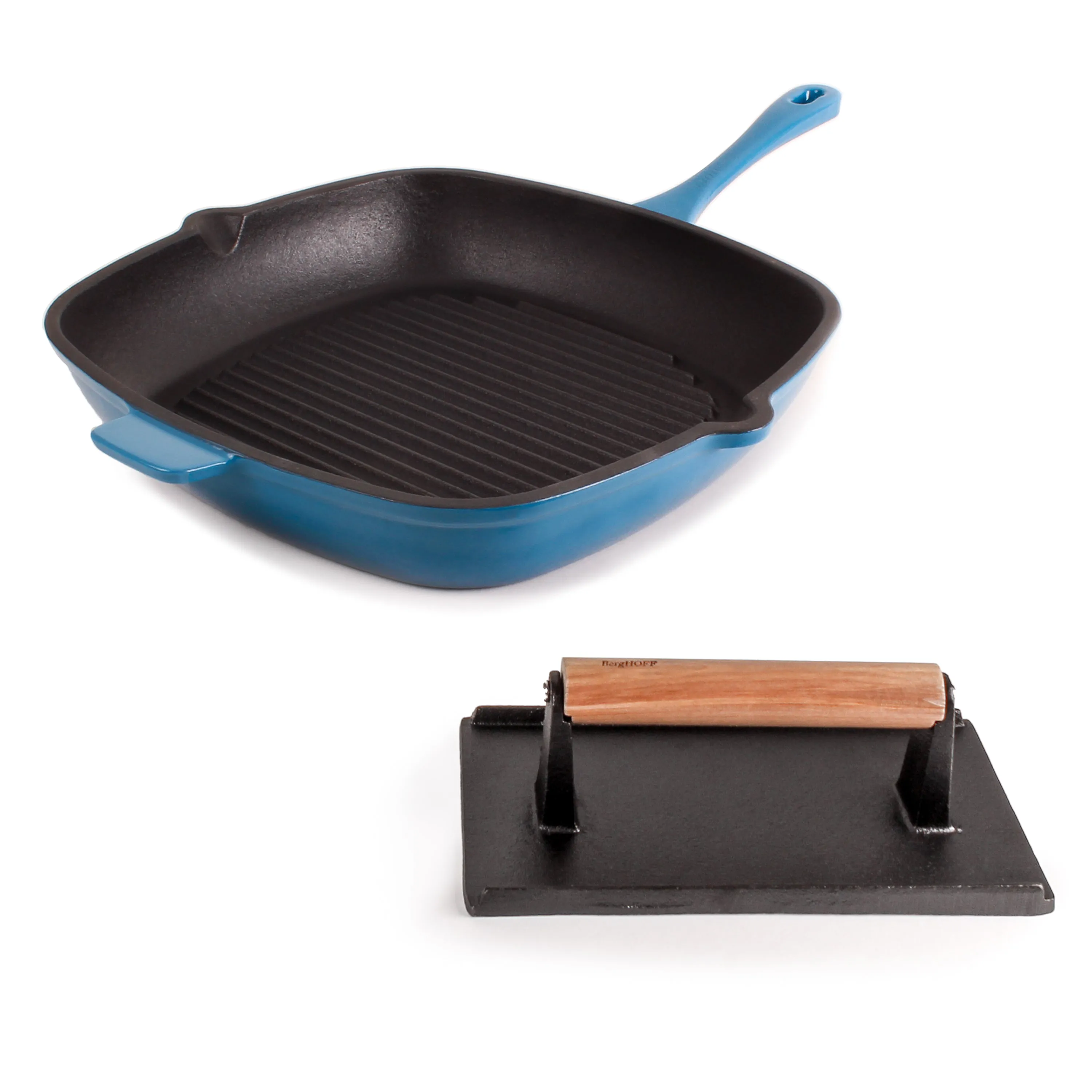 BergHOFF Neo 2pc Cast Iron 11" Grill Pan with Steak Press, Blue