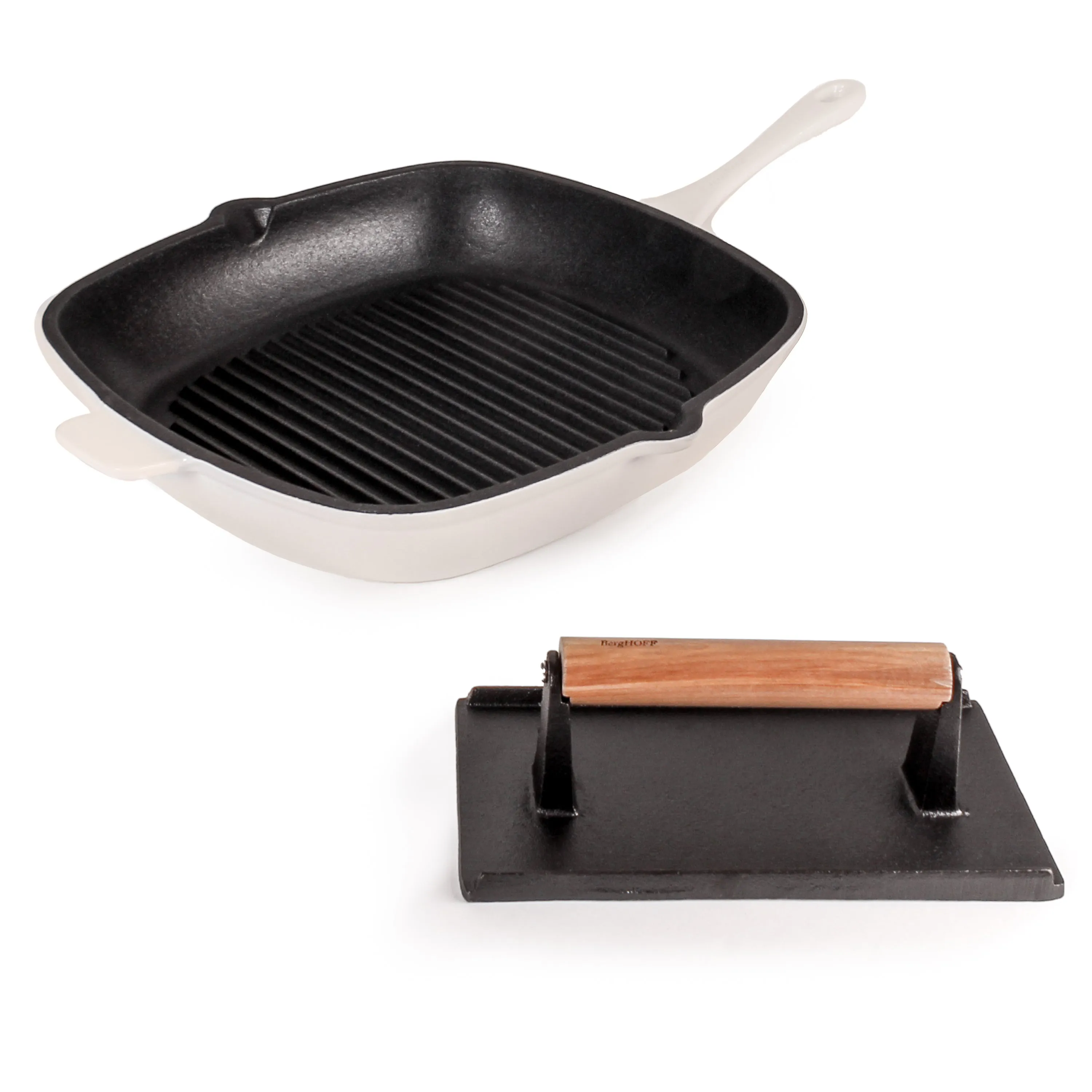 BergHOFF Neo 2pc Cast Iron 11" Grill Pan with Steak Press, Meringue