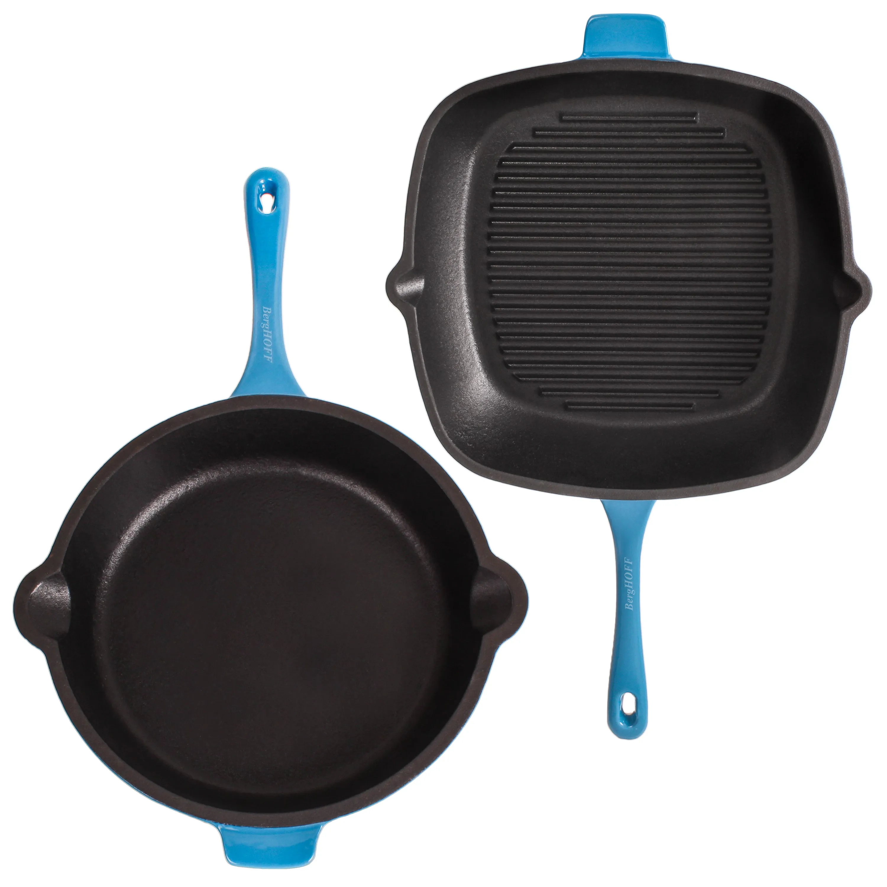 BergHOFF Neo 3pc Cast Iron Fry Pan & Grill Pan Set with Slotted Steak Press, Blue