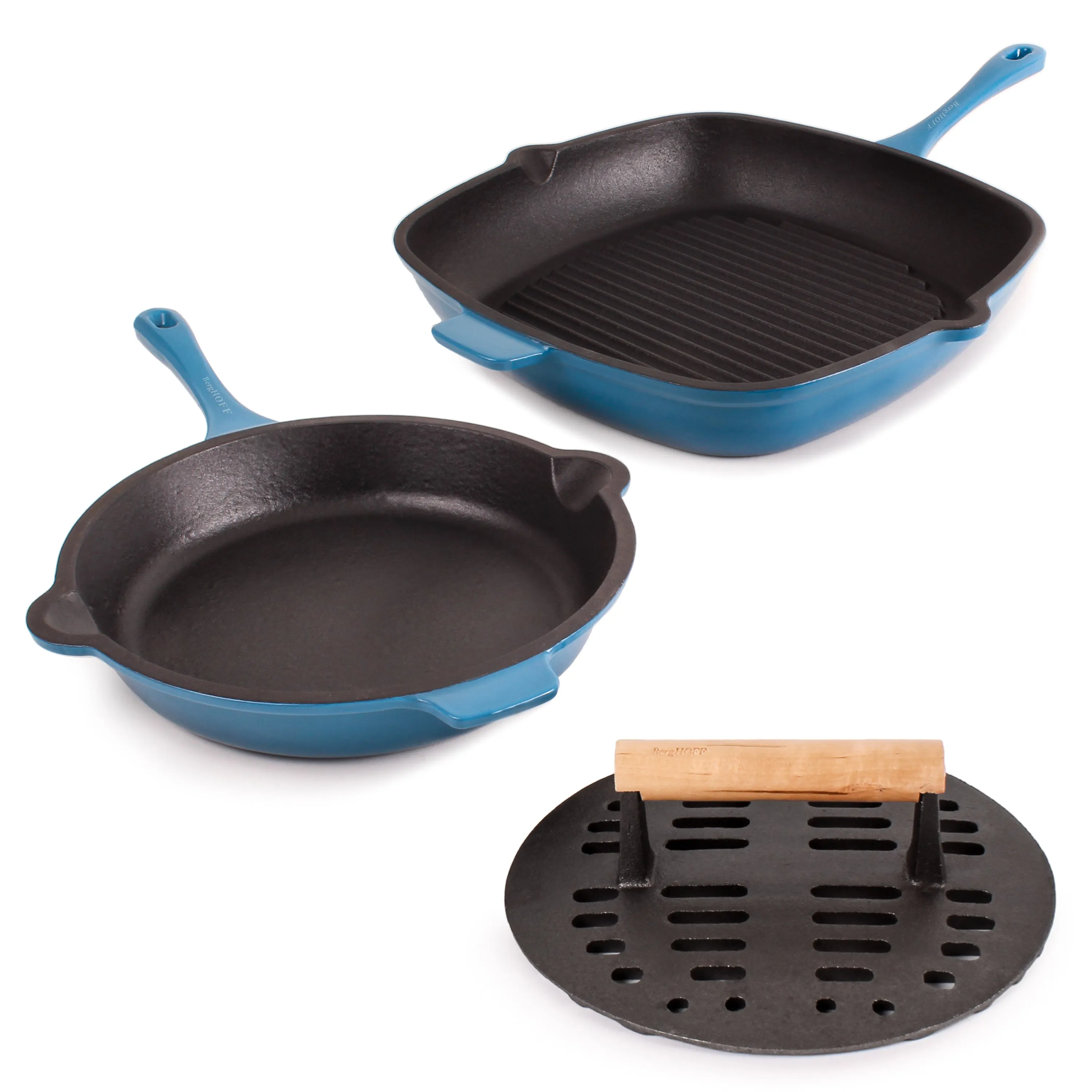 BergHOFF Neo 3pc Cast Iron Fry Pan & Grill Pan Set with Slotted Steak Press, Blue