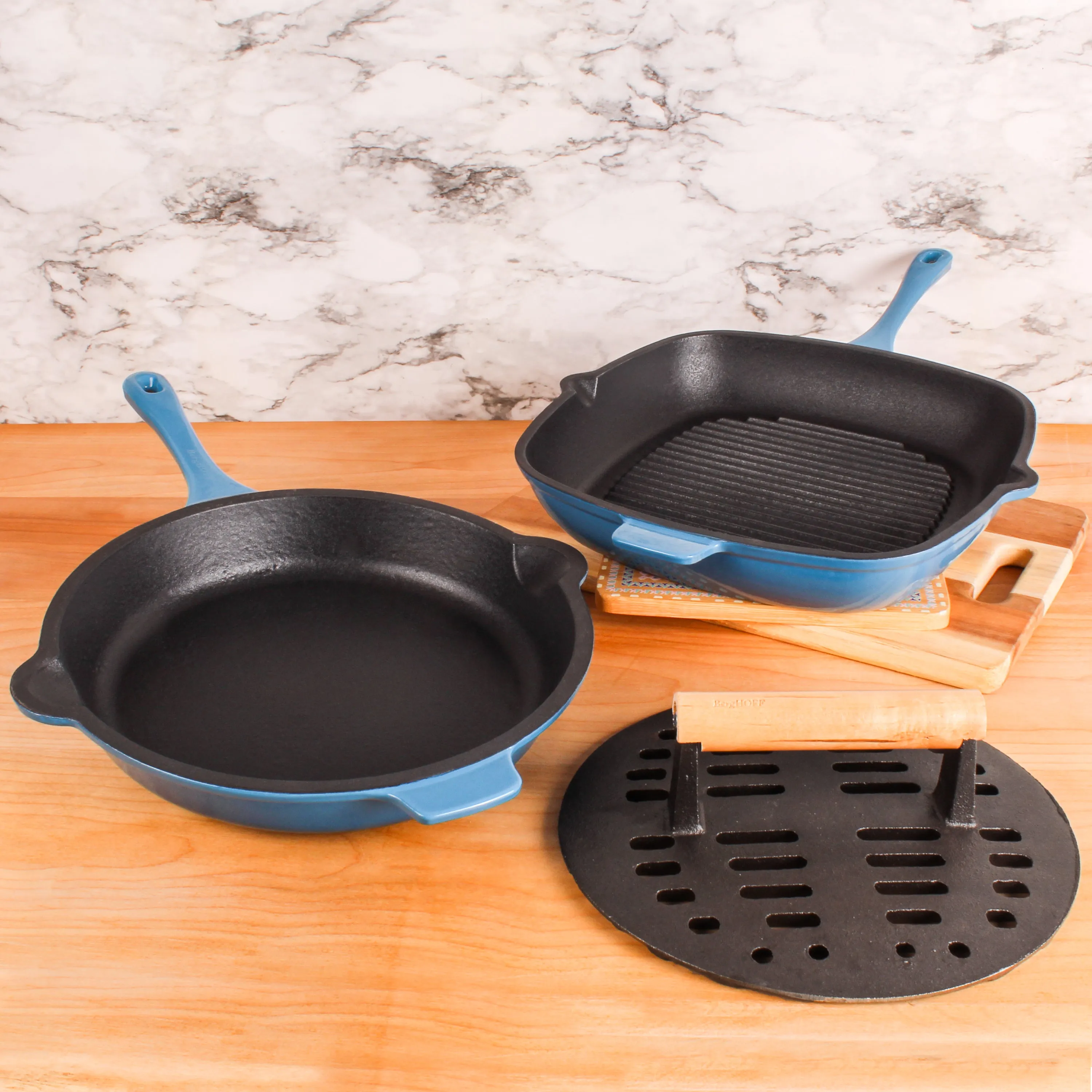 BergHOFF Neo 3pc Cast Iron Fry Pan & Grill Pan Set with Slotted Steak Press, Blue