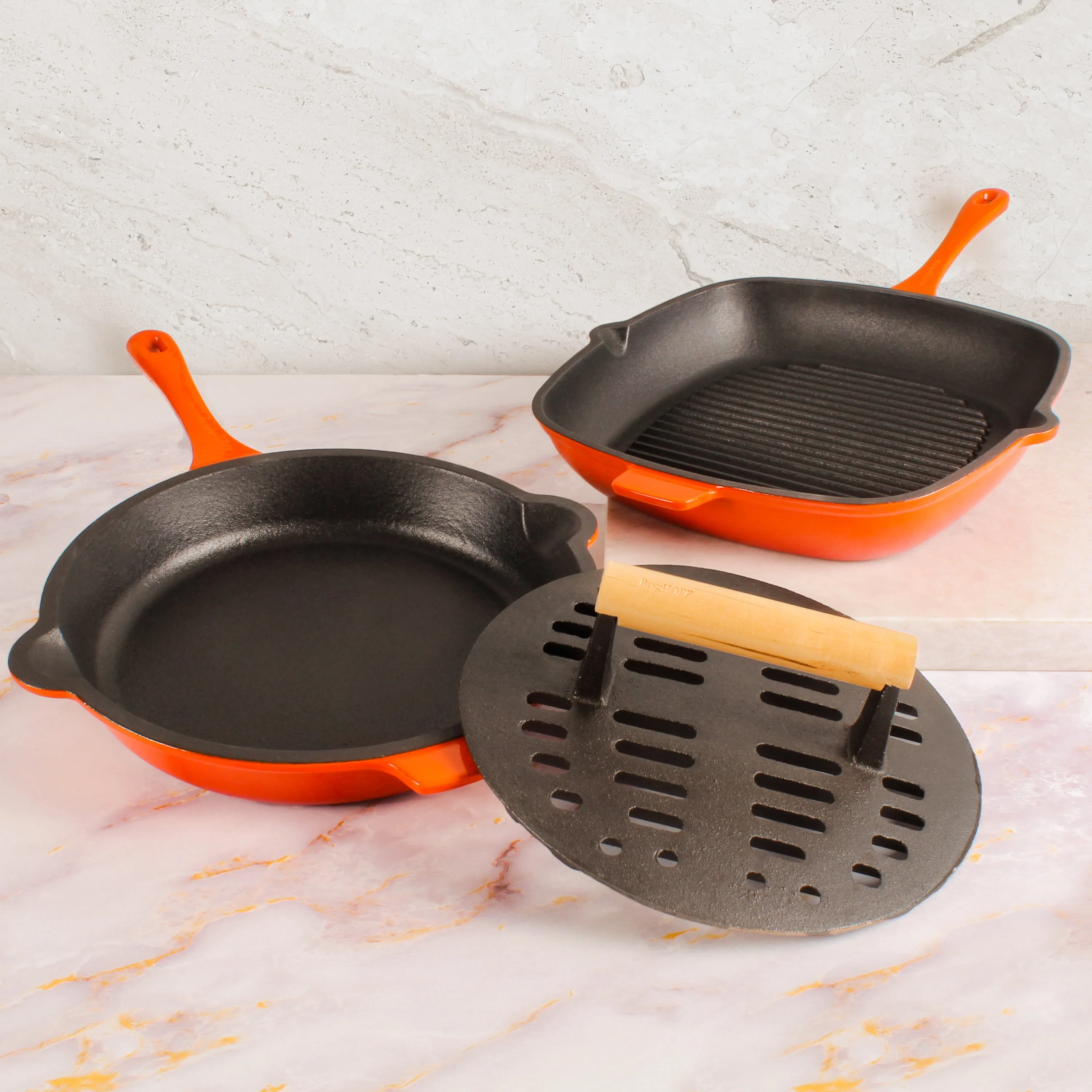 BergHOFF Neo 3pc Cast Iron Fry Pan & Grill Pan Set with Slotted Steak Press, Orange