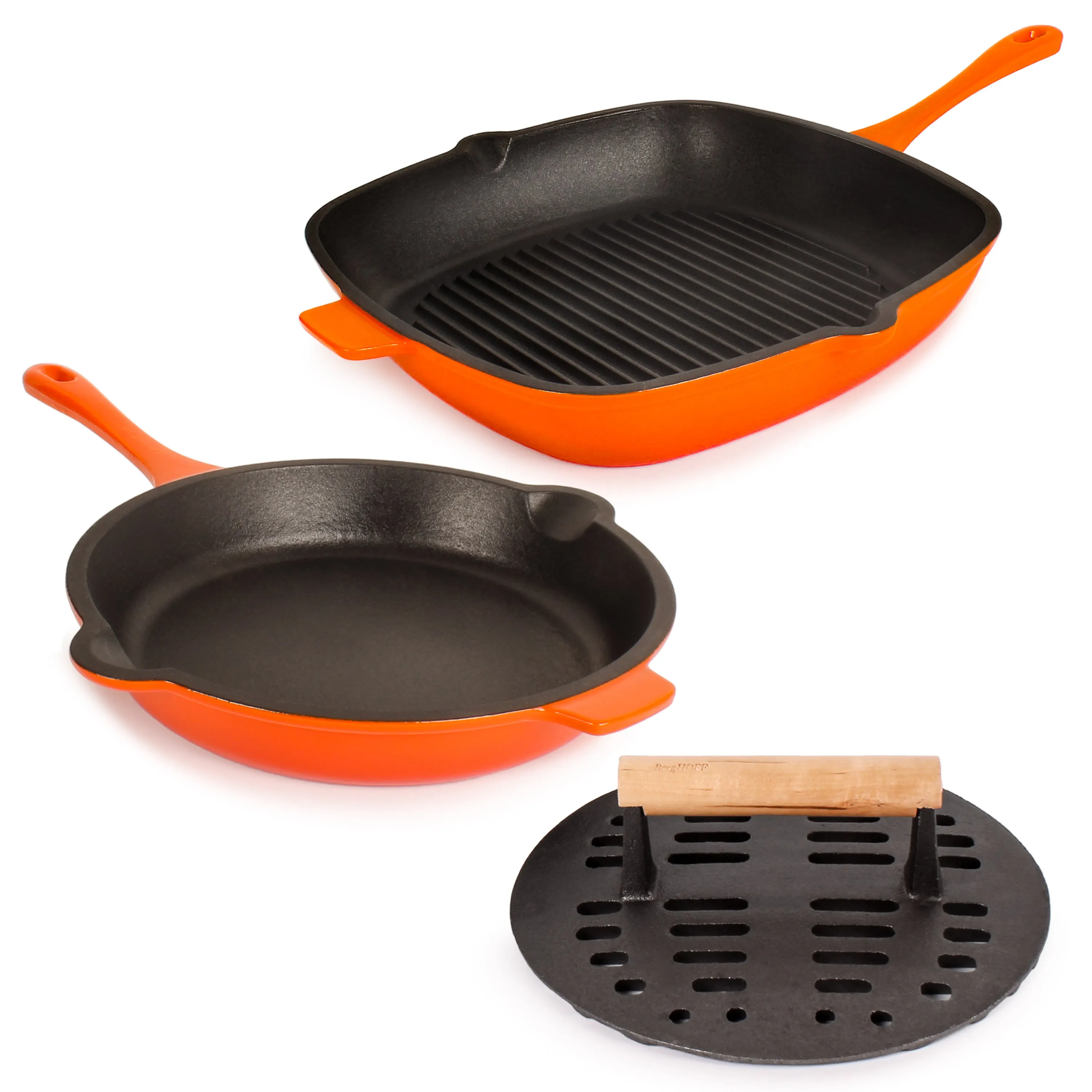 BergHOFF Neo 3pc Cast Iron Fry Pan & Grill Pan Set with Slotted Steak Press, Orange