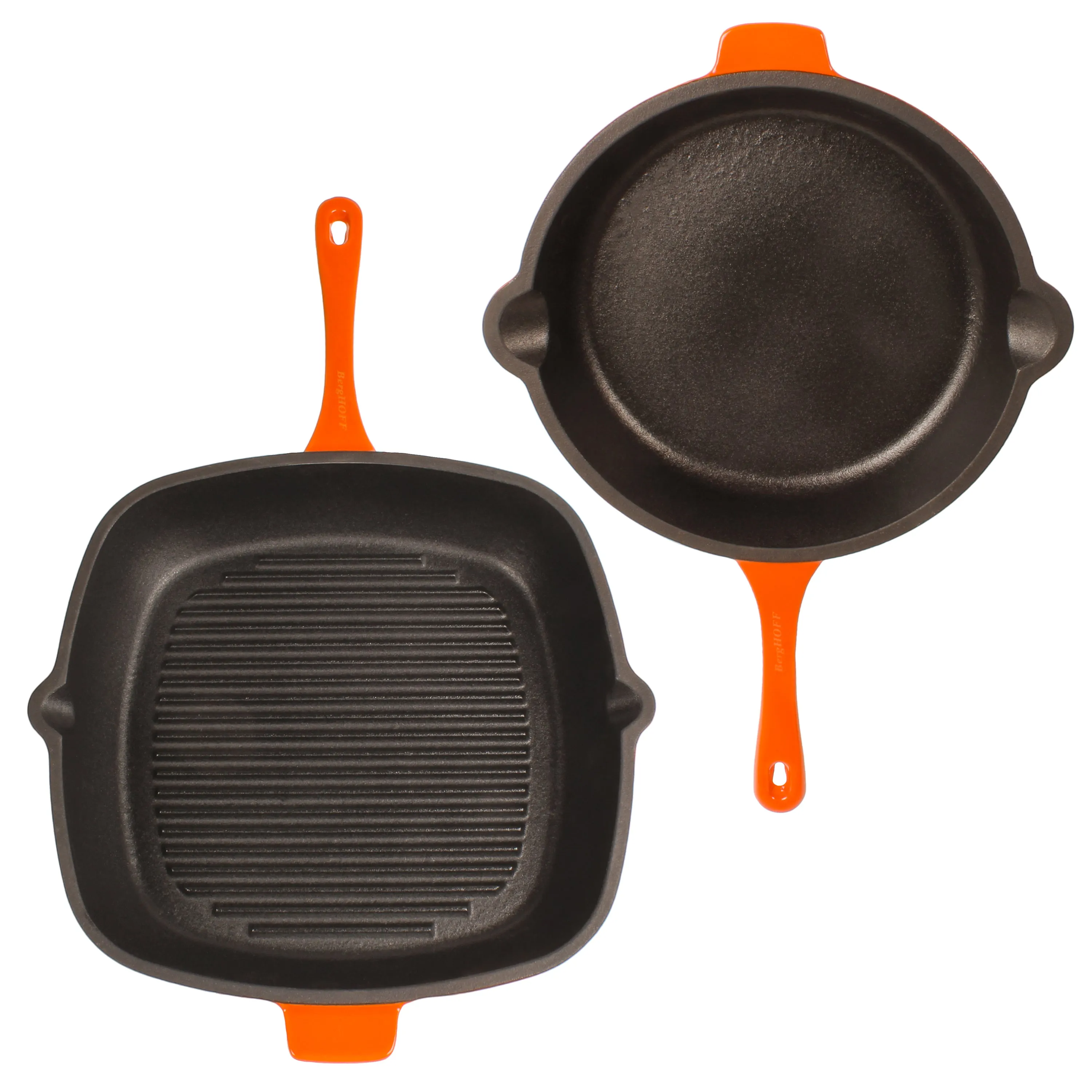 BergHOFF Neo 3pc Cast Iron Fry Pan & Grill Pan Set with Slotted Steak Press, Orange