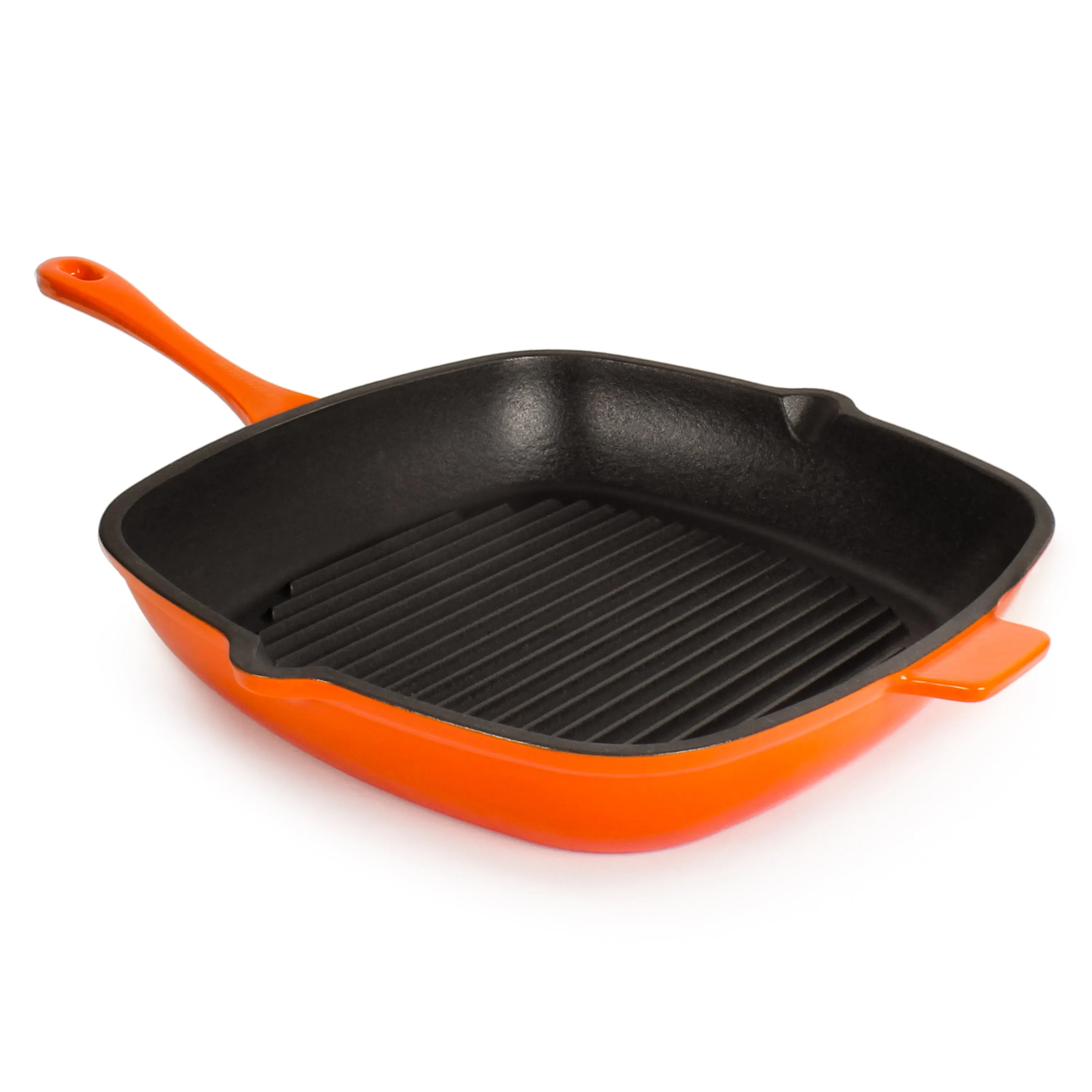 BergHOFF Neo 3pc Cast Iron Fry Pan & Grill Pan Set with Slotted Steak Press, Orange