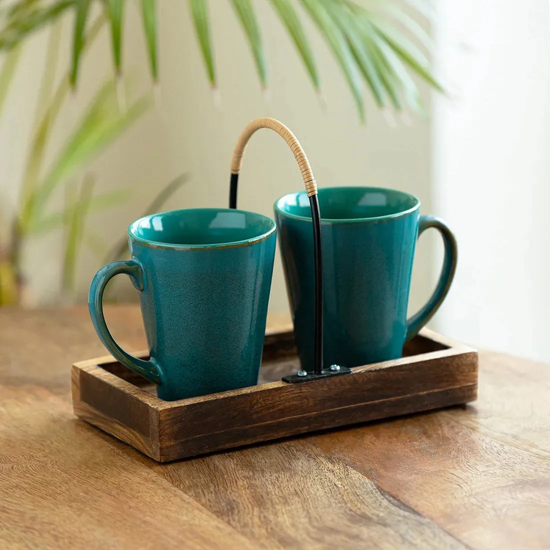 'Blues Of Sky' Ceramic Tea & Coffee Mugs With Wooden Tray (Set of 2, 320 ml, Hand Glazed Studio Pottery)