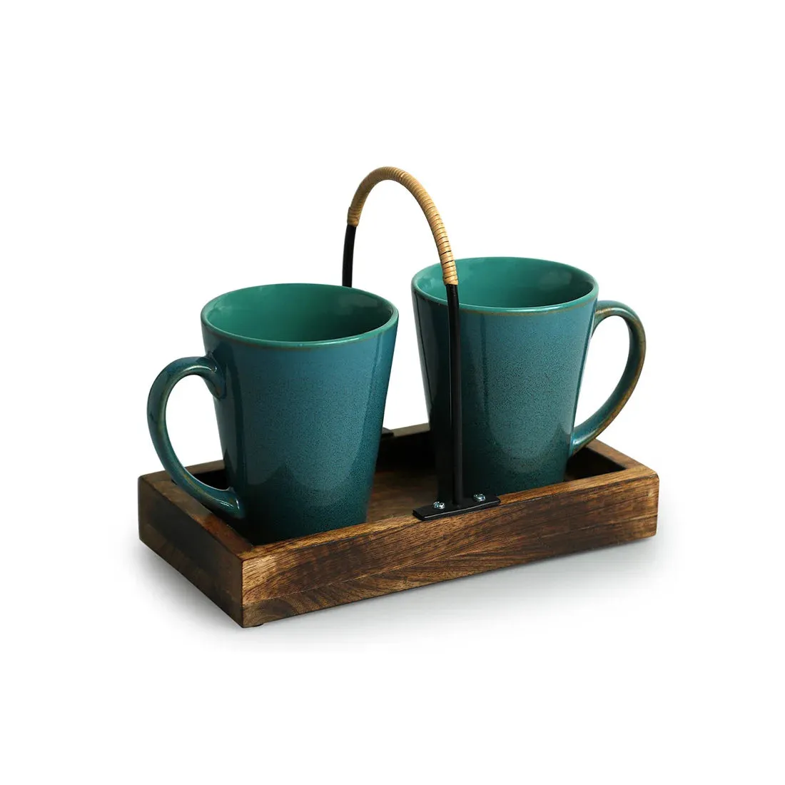 'Blues Of Sky' Ceramic Tea & Coffee Mugs With Wooden Tray (Set of 2, 320 ml, Hand Glazed Studio Pottery)