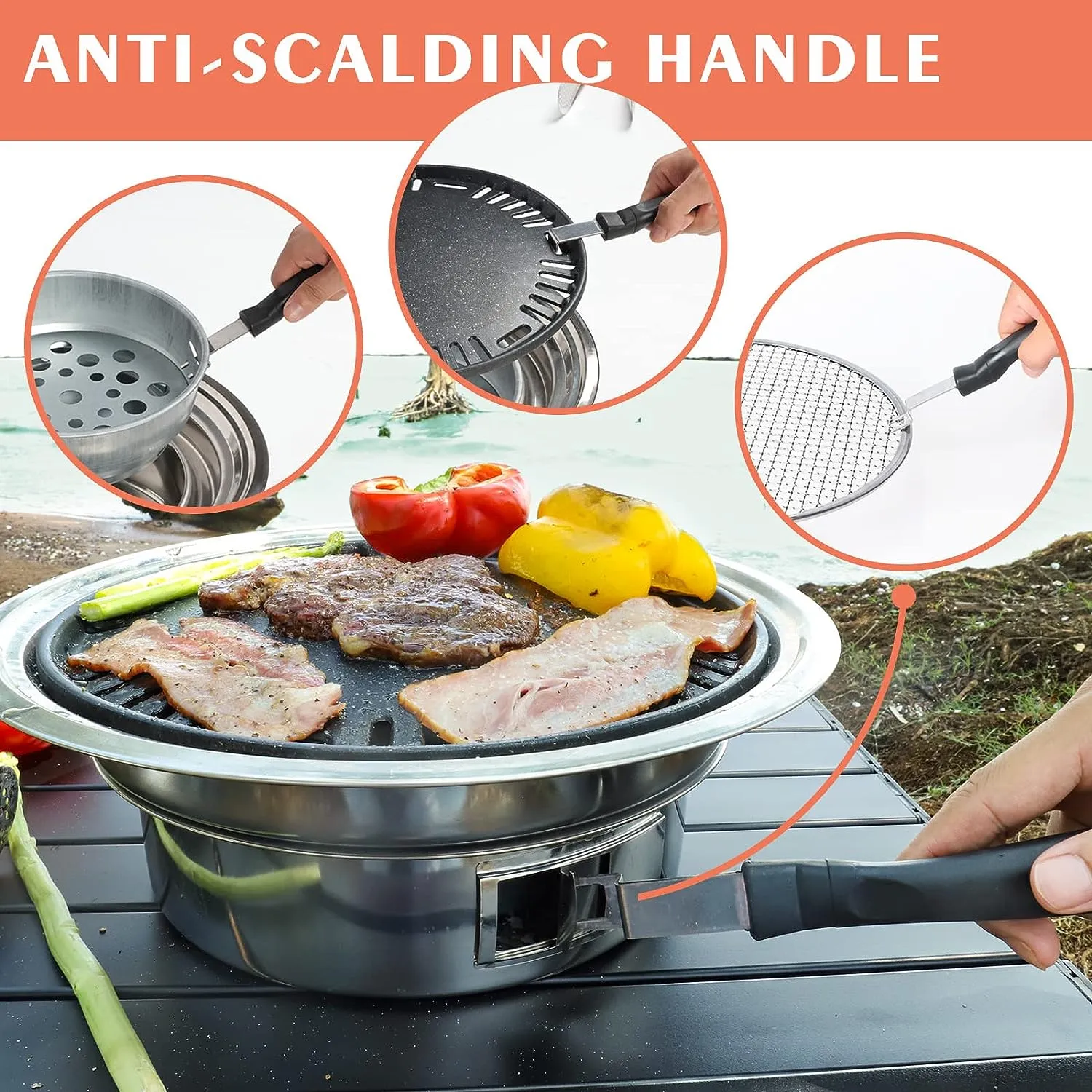 Charcoal Barbecue Grill, 13.7 Inches, Portable Stainless Steel Charcoal Stove for Home Party Outdoor Camping