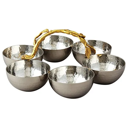 CHIC Elegance Gilt Leaf Hammered Stainless Steel 6 Bowl Server