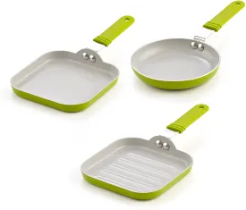 Cook N Home 5.5-Inch Nonstick Ceramic Mini Fry, Griddle, Grill 3-Piece Pan Set, Green