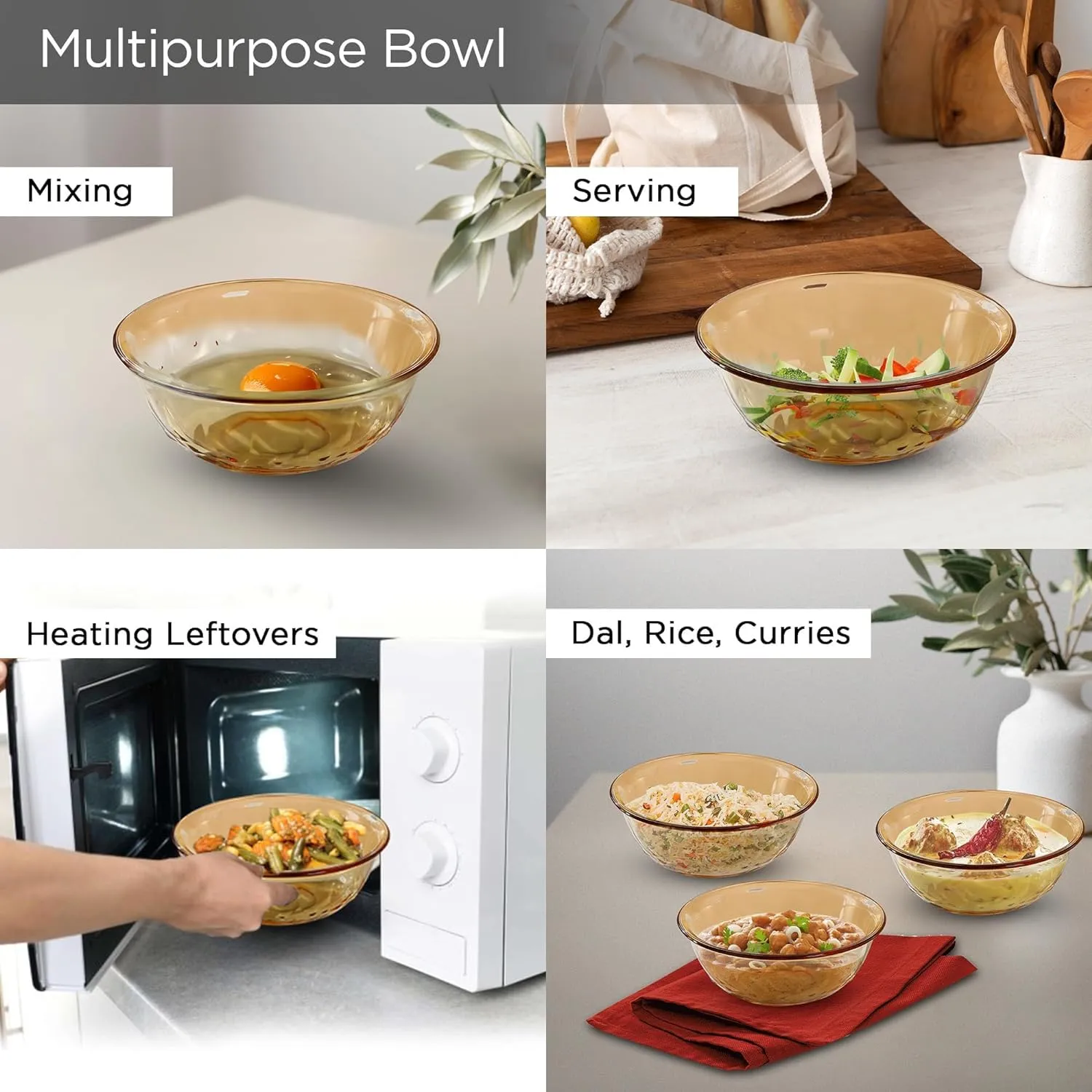 Kuber Industries Set of 2 Borosilicate Glass Bowls | 1900 ml Each | Microwave Safe | Scratch Resistant | Serving & Mixing Bowls for Kitchen | Round | Transparent | Yellow