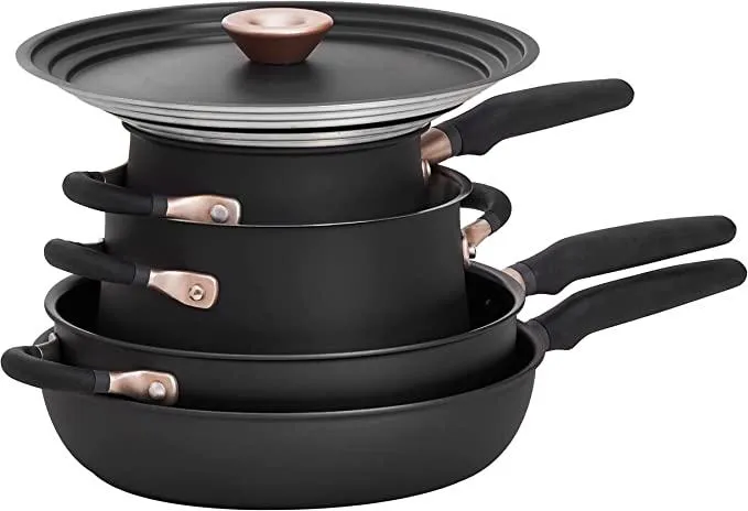 Meyer Accent Stackable 6 Piece Non Stick Pan Set, Universal Lids & Anti Spill Shape