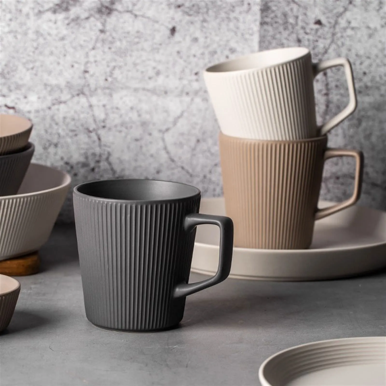 Nordic Vertically Striped Embossed Pattern Porcelain Coffee Mugs