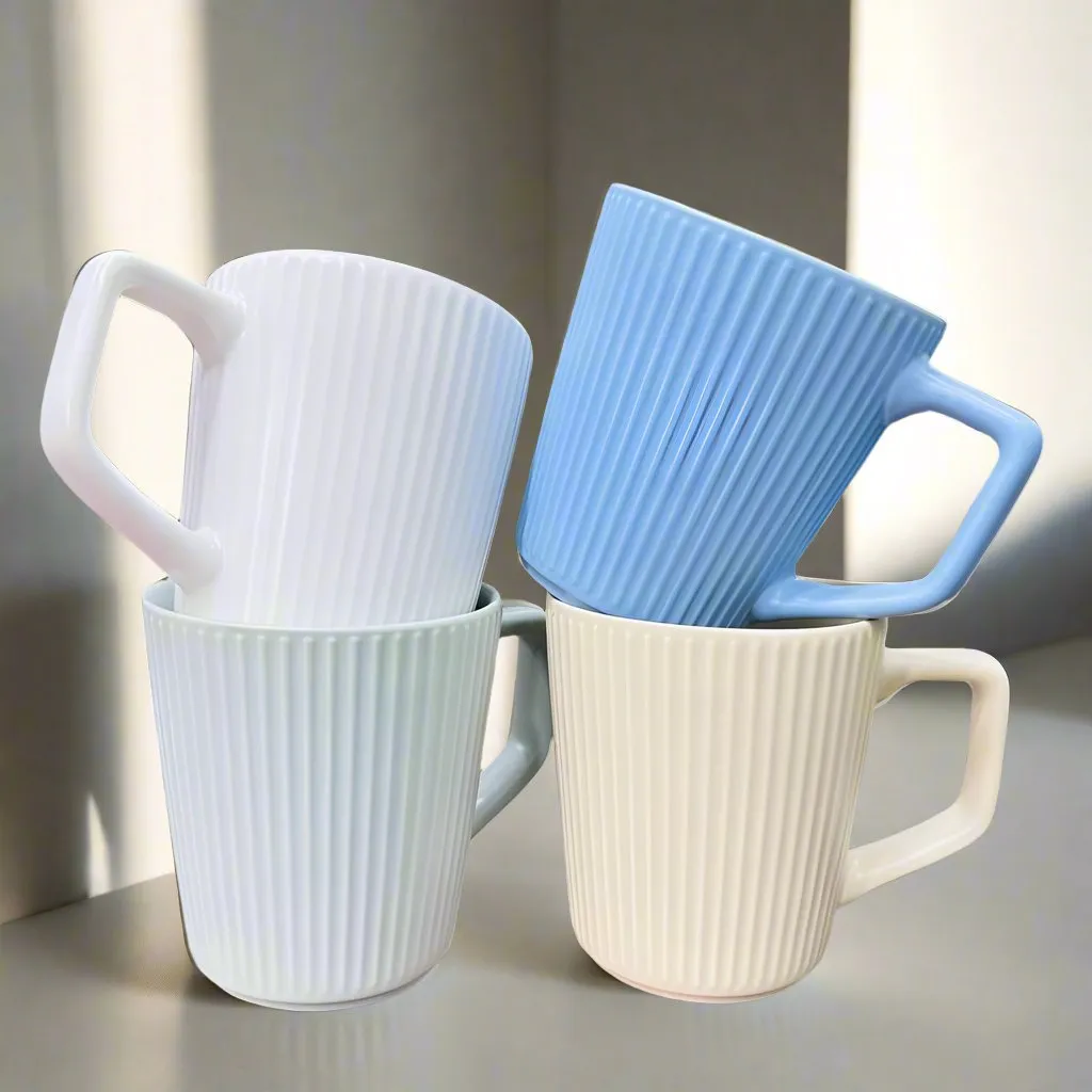 Nordic Vertically Striped Embossed Pattern Porcelain Coffee Mugs