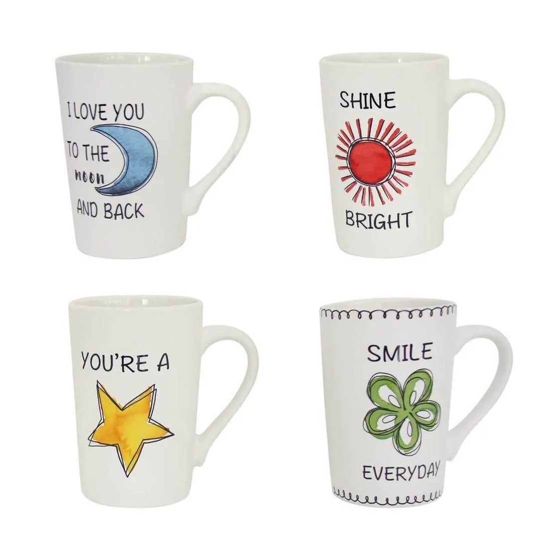 Set of 4 White Porcelain Coffee Mugs Tea Cups With Slogans