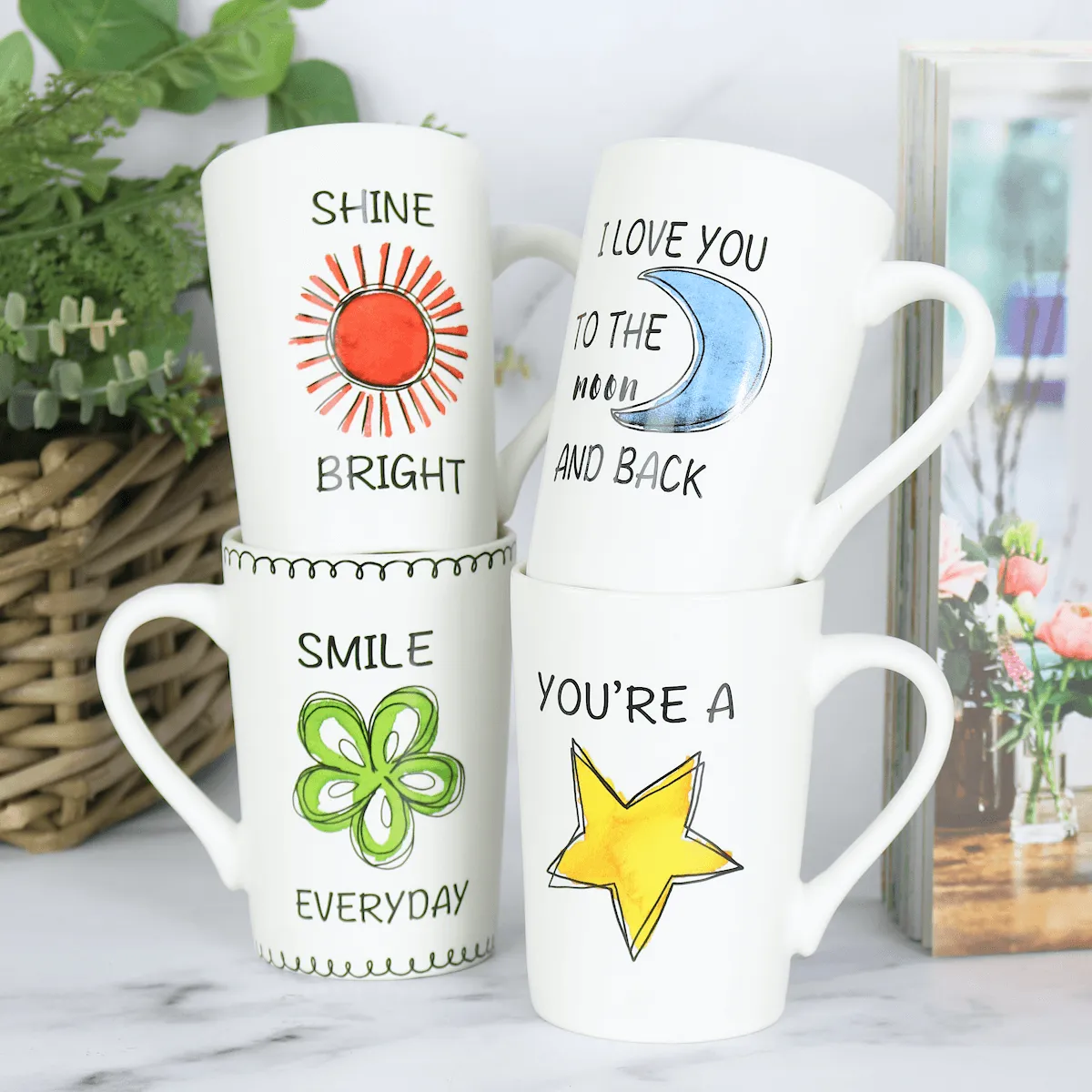 Set of 4 White Porcelain Coffee Mugs Tea Cups With Slogans