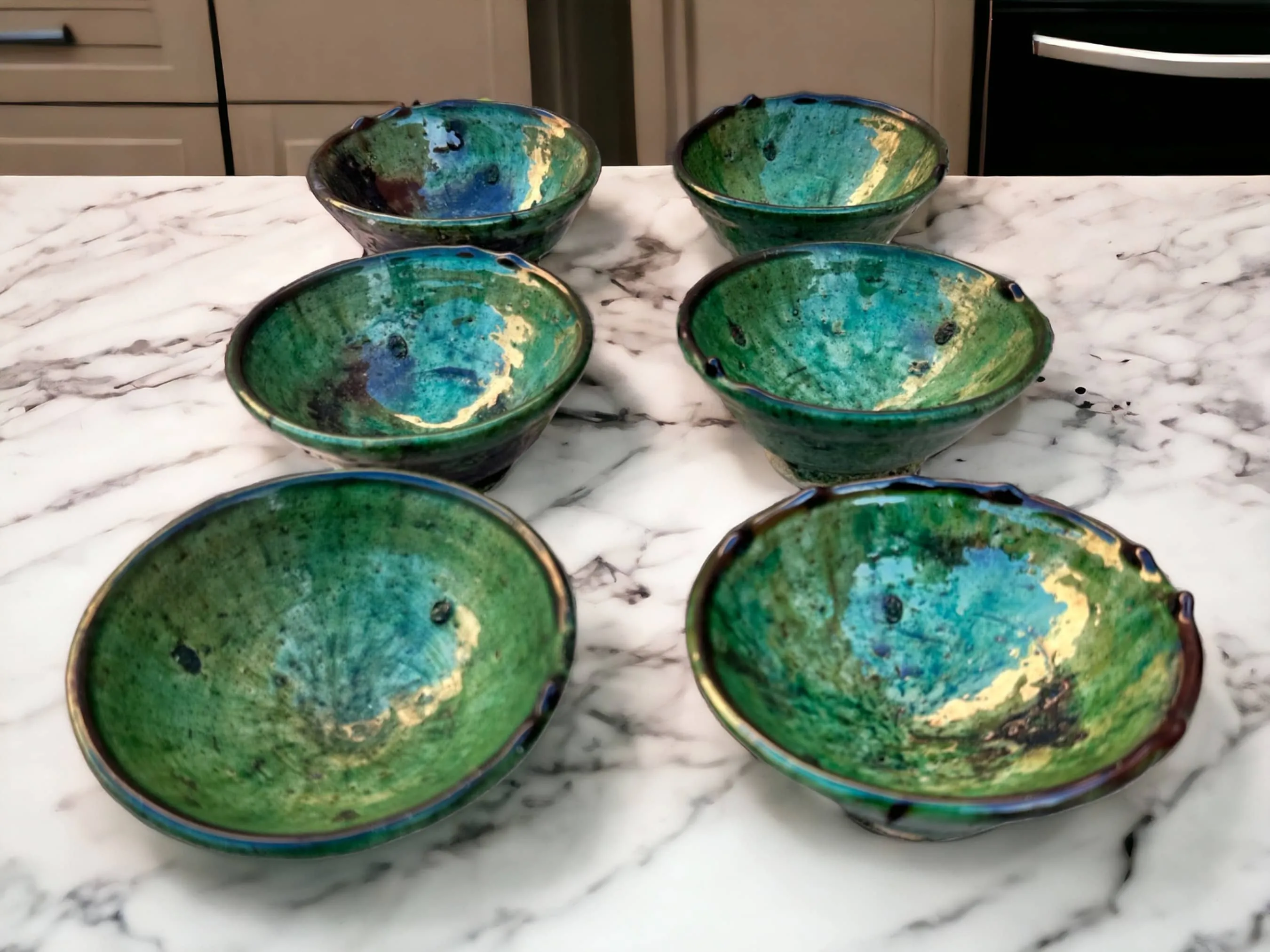 Set of 6 Tamegroute Bowls, Tamegroute Bowls Green Glazed Pottery, Set of 6 ceramic bowls, Tamegroute bowls, each handmade in Morocco.