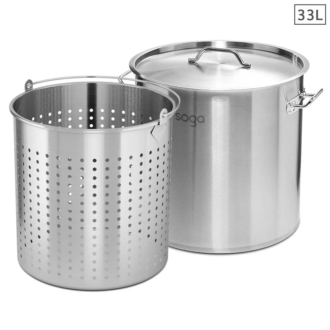 SOGA 33L 18/10 Stainless Steel Stockpot with Perforated Stock pot Basket Pasta Strainer