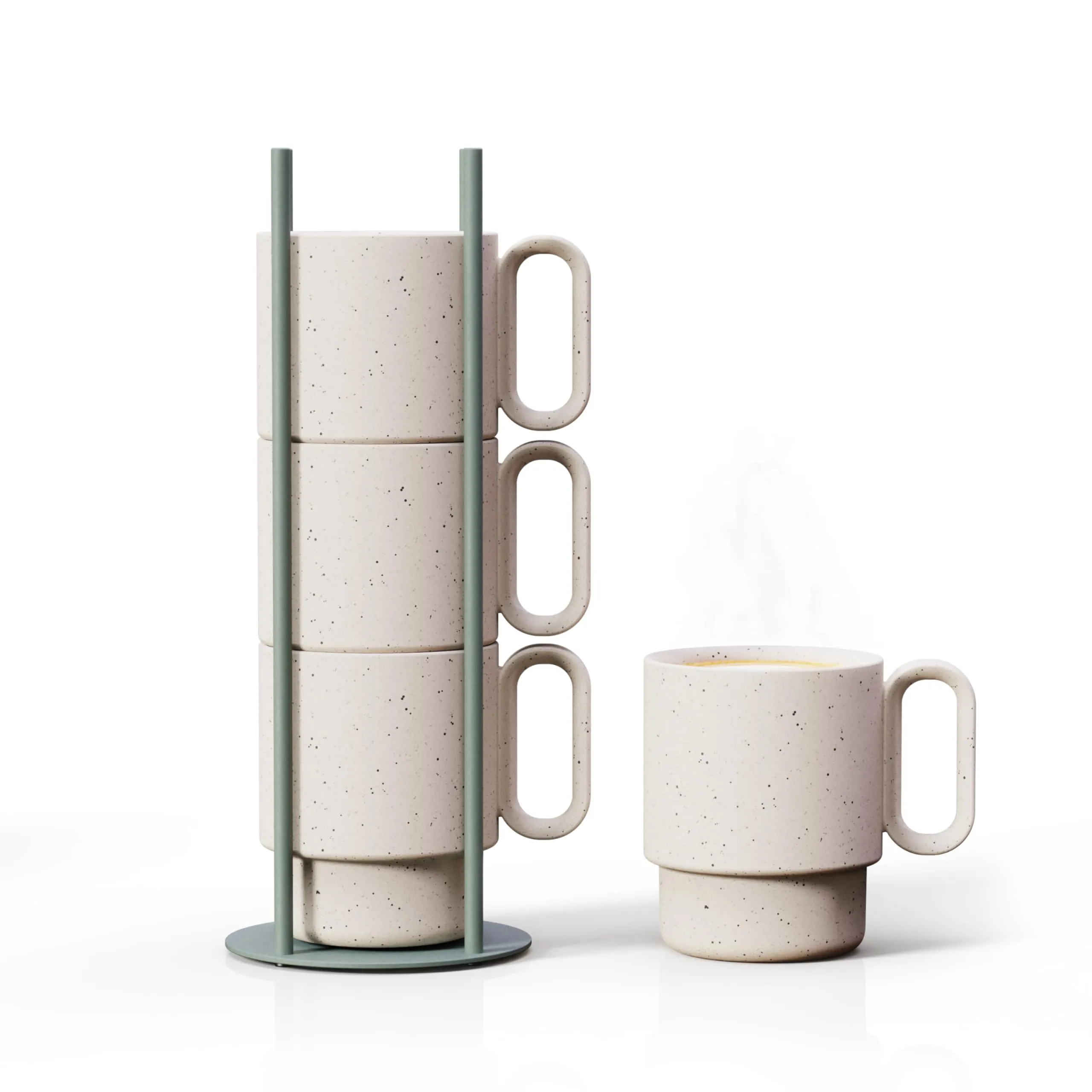 Stackable Coffee Mugs With Green Stand Rack 4x10oz Ceramic Mugs With Unique