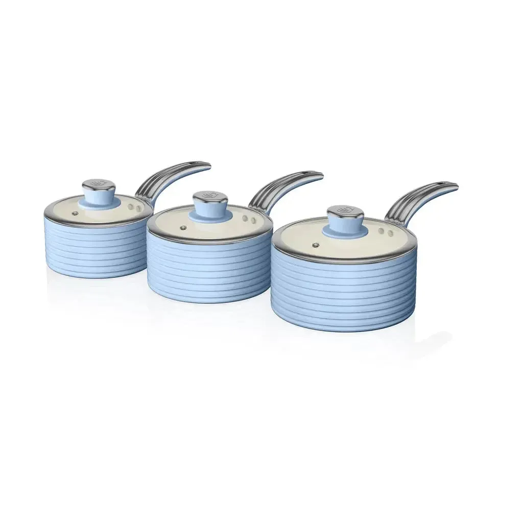 Swan Retro 3 Piece Saucepan Set Blue