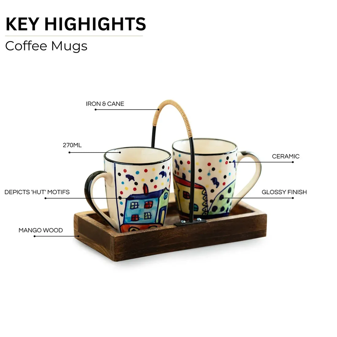 'The Hut' Ceramic Tea & Coffee Mugs With Wooden Tray (Set of 2, 270 ml, Hand-Painted)