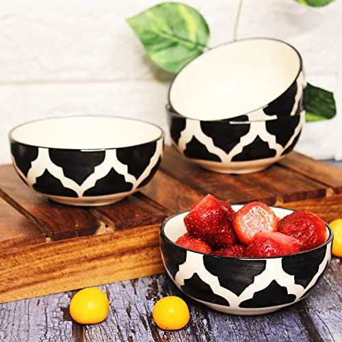 THEARTISANEMPORIUM Black Moroccan Hand-Painted Ceramic Dinner Set of 4 Dinner Plates, 4 Katori Bowls and 2 Serving Bowls Dinnerware Set (10 Pieces, Serving for 4, Microwave Safe)