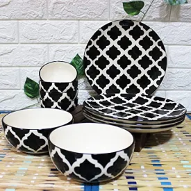 THEARTISANEMPORIUM Black Moroccan Hand-Painted Ceramic Dinner Set of 4 Dinner Plates, 4 Katori Bowls and 2 Serving Bowls Dinnerware Set (10 Pieces, Serving for 4, Microwave Safe)