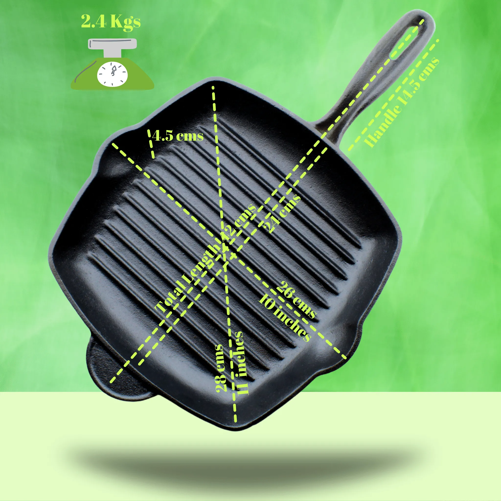 Trilonium Pre-Seasoned Cast Iron Grill Pan 26 cm, Weighs 2.4 Kgs