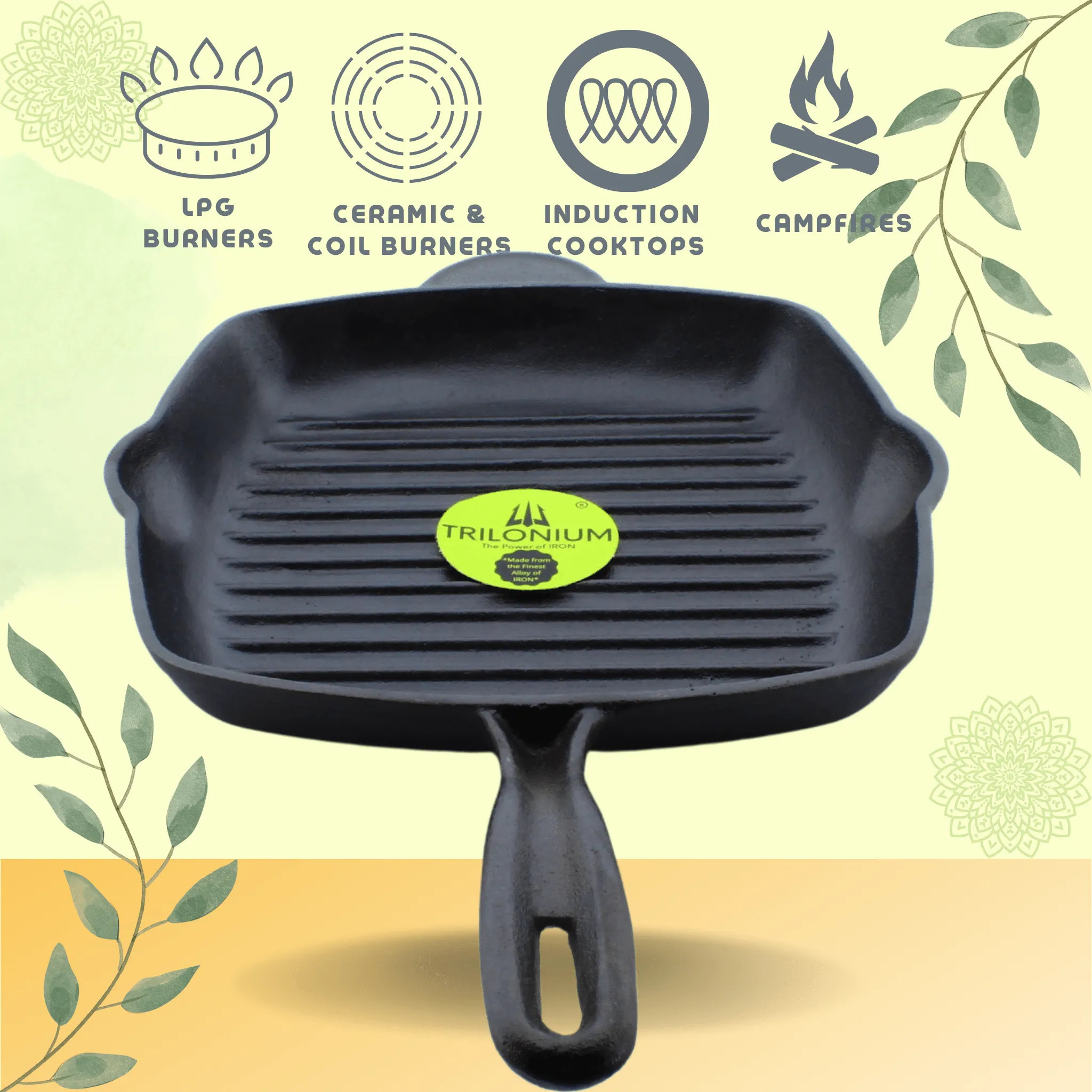 Trilonium Pre-Seasoned Cast Iron Grill Pan 26 cm, Weighs 2.4 Kgs