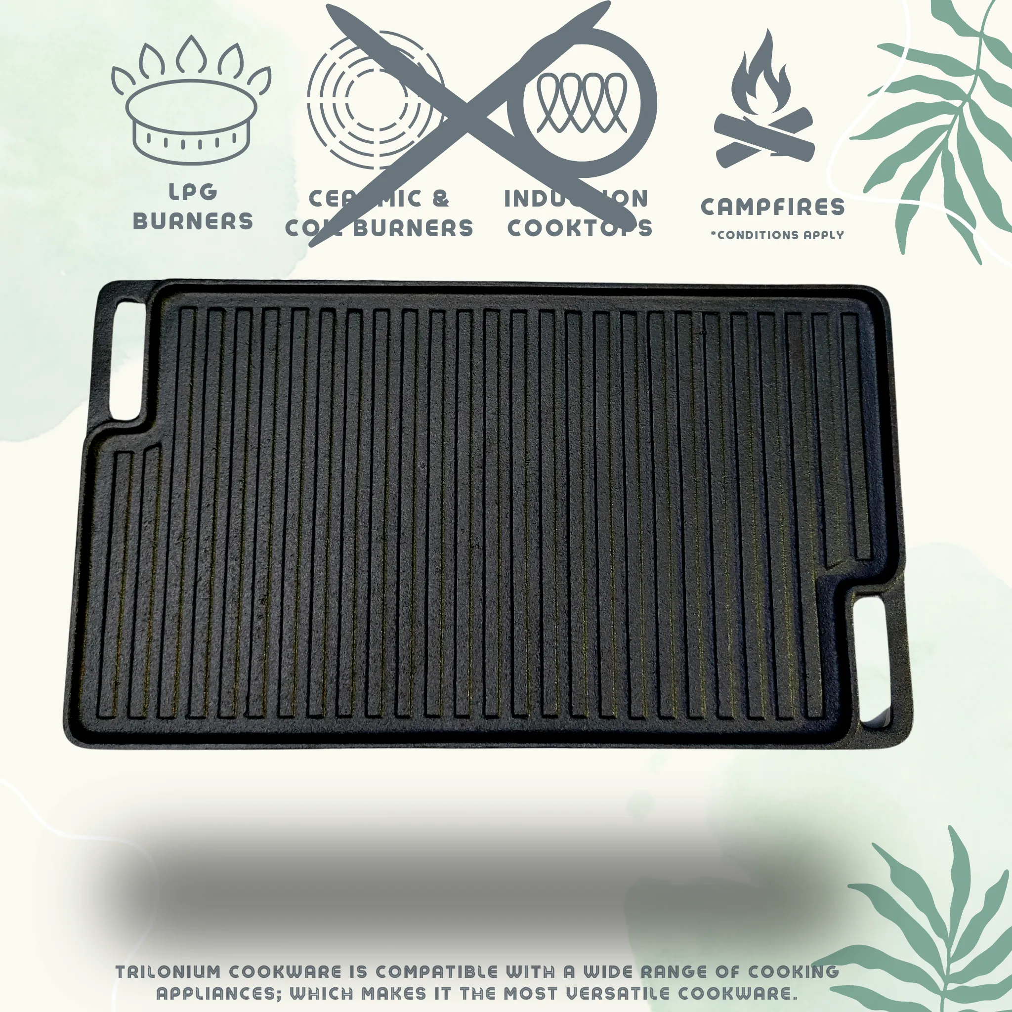 Trilonium Pre-Seasoned Cast Iron Rectangular reversable grill gridle 46 x 26 cms, Weighs 4.1 Kgs