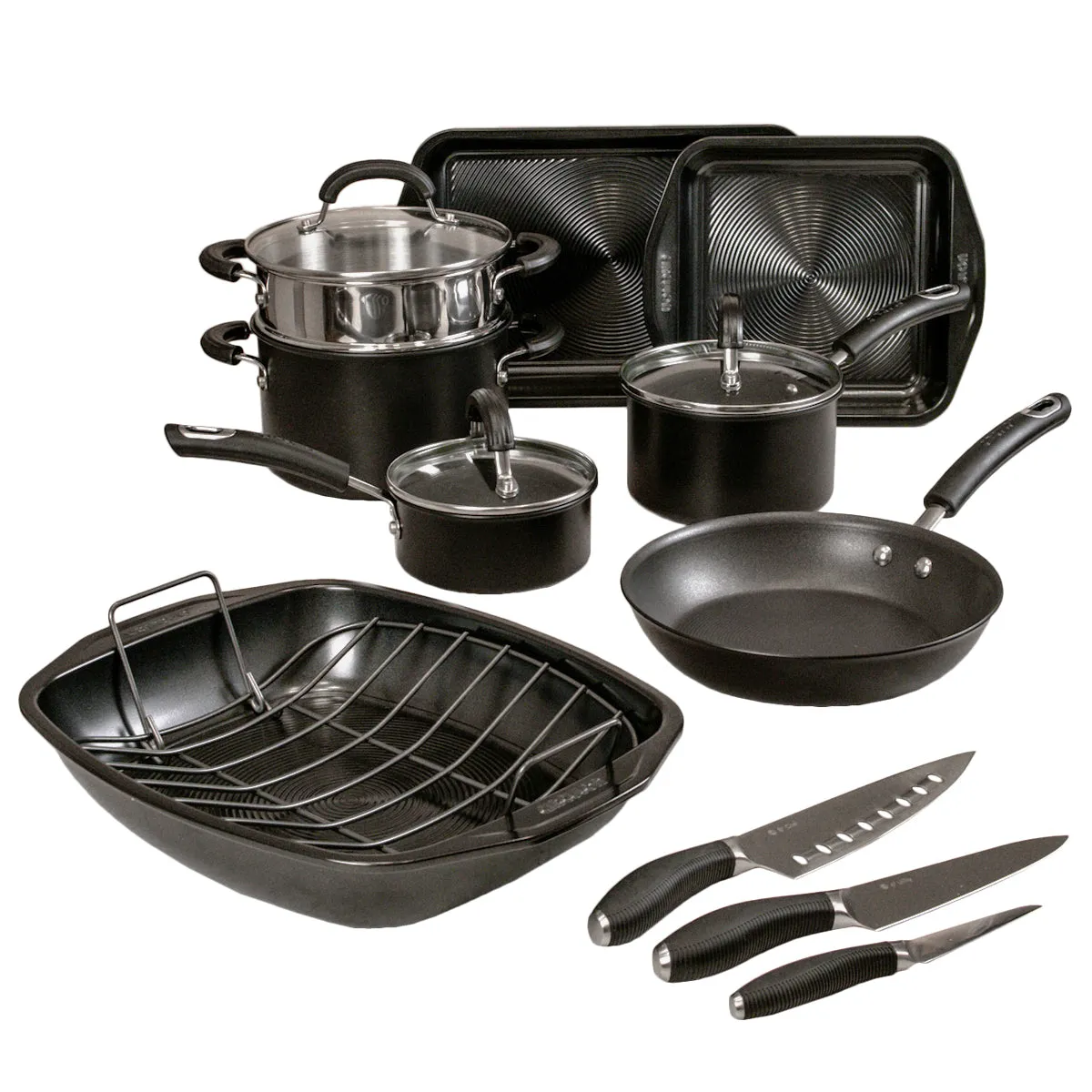 Ultimate Christmas Pan Set: Non-Stick Saucepan & Steamer Pan Set, Roaster, Oven Trays & Knives - 11 Pieces