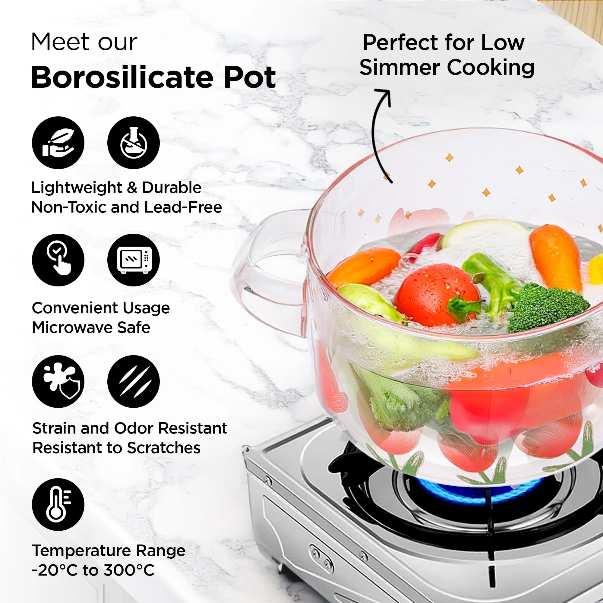 UMAI Borosilicate Glass Cookware for Gas Stove (1.45L) Tope with Lid & Handle | Electric Pottery | Handi for Cooking | Microwave Safe | Tea/Milk/Pasta/Noodles/Rice Pan | Biryani Cooking Pot (Floral)