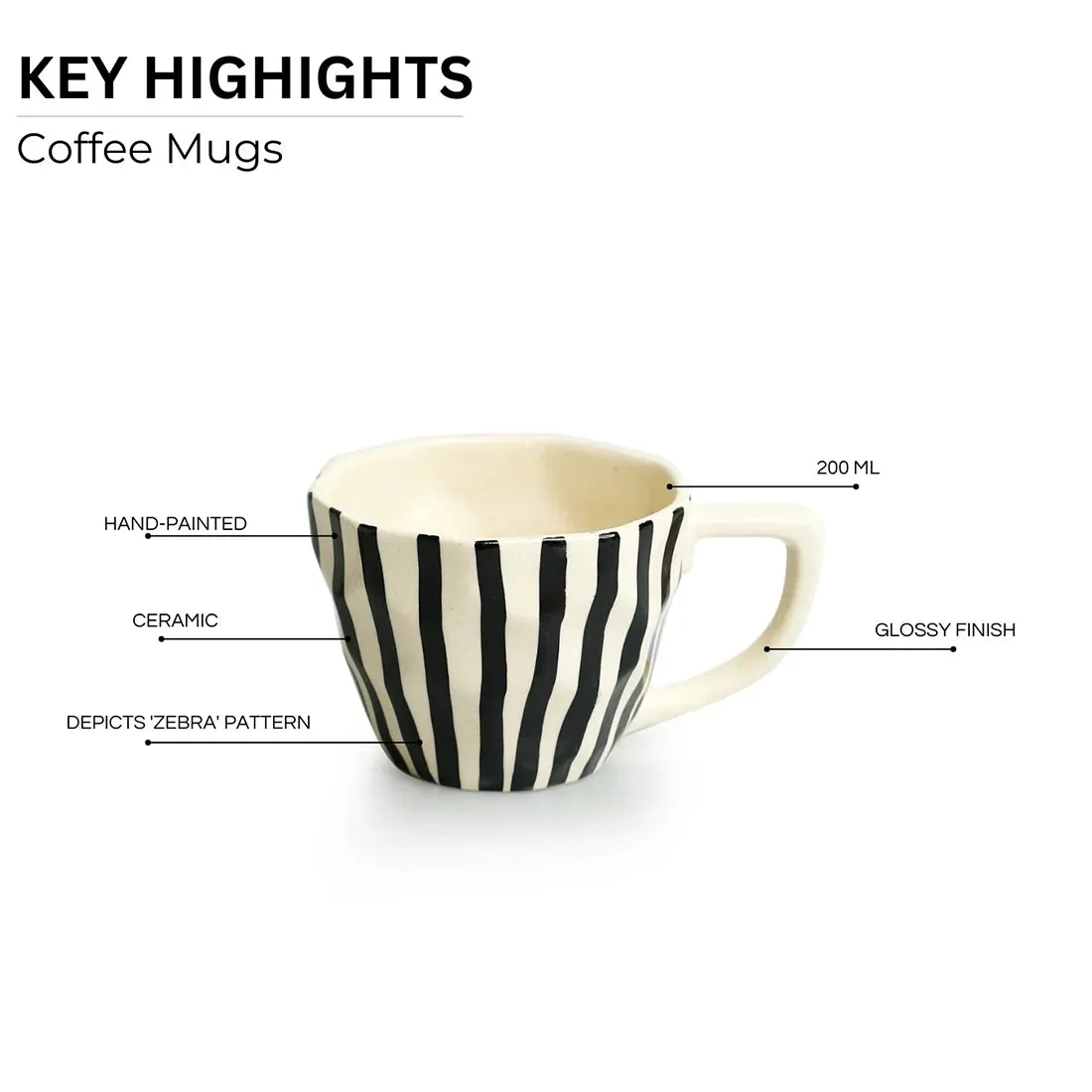 'Zebra Pattern' Ceramic Tea & Coffee Mugs (Set of 2, 200 ml, Microwave Safe, Hand-Painted)